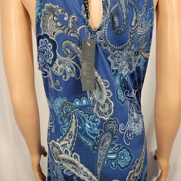 NWT Ariella Women's Mock/High Neck Sleeveless Blue Pattern Slit Maxi Dress Sz L - Picture 9 of 14